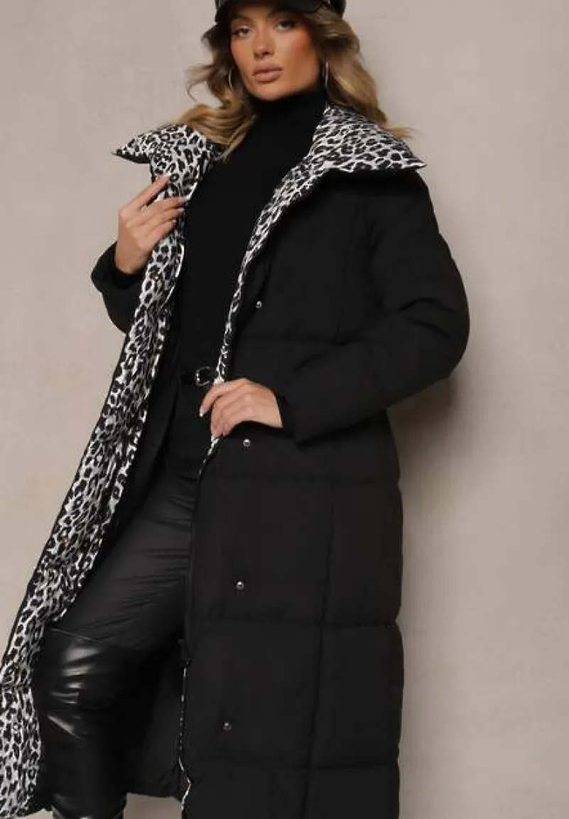 Czarno-Szara Długa Kurtka z Pikowanymi Przeszyciami i Kołnierzem w Panterkę Wiązana w Talii Tilfezi