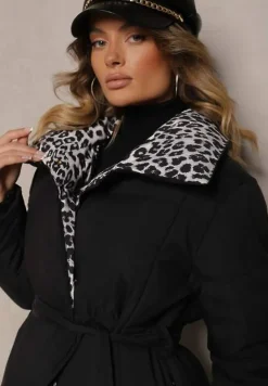 Czarno-Szara Długa Kurtka z Pikowanymi Przeszyciami i Kołnierzem w Panterkę Wiązana w Talii Tilfezi