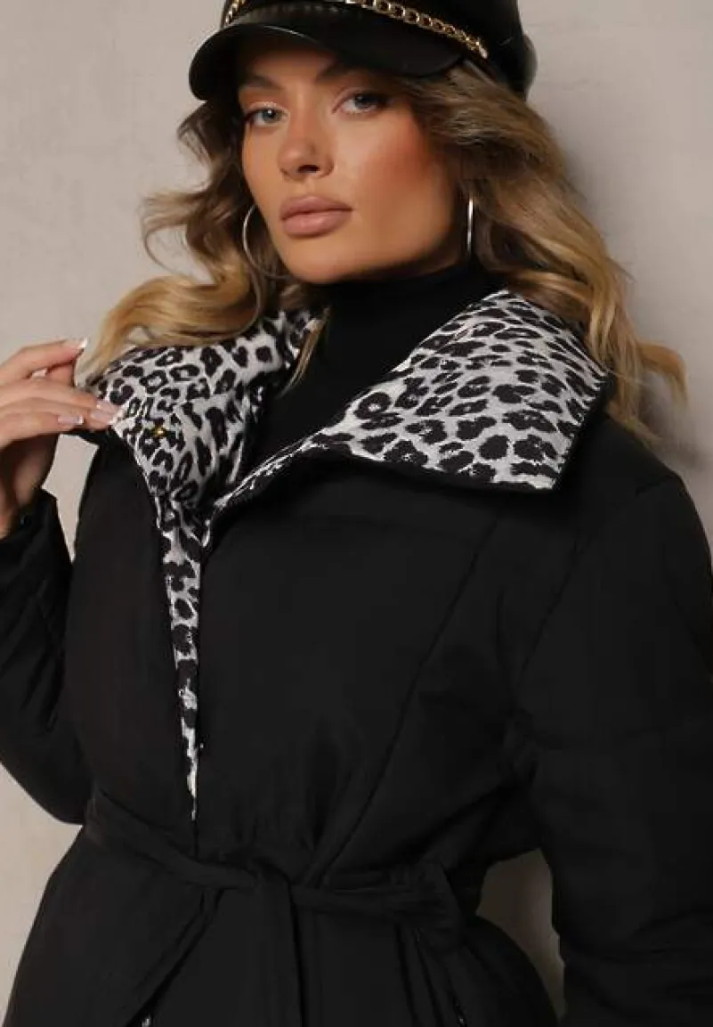 Czarno-Szara Długa Kurtka z Pikowanymi Przeszyciami i Kołnierzem w Panterkę Wiązana w Talii Tilfezi