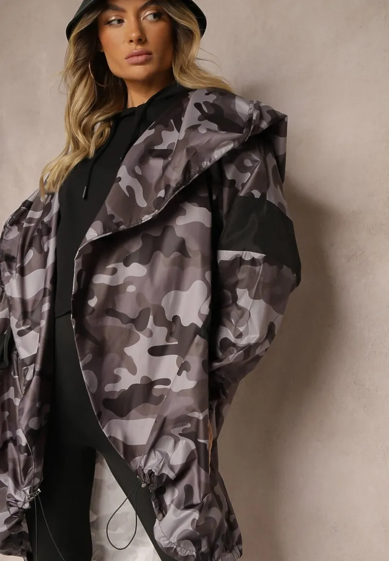 Czarno-Szara Niezapinana Kurtka Wiatrówka z Troczkami i Nieodpinanym Kapturem Irilani