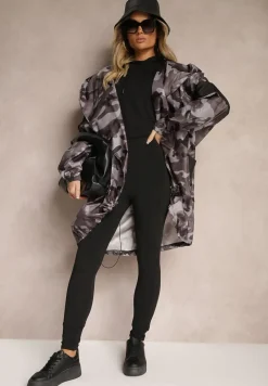 Czarno-Szara Niezapinana Kurtka Wiatrówka z Troczkami i Nieodpinanym Kapturem Irilani