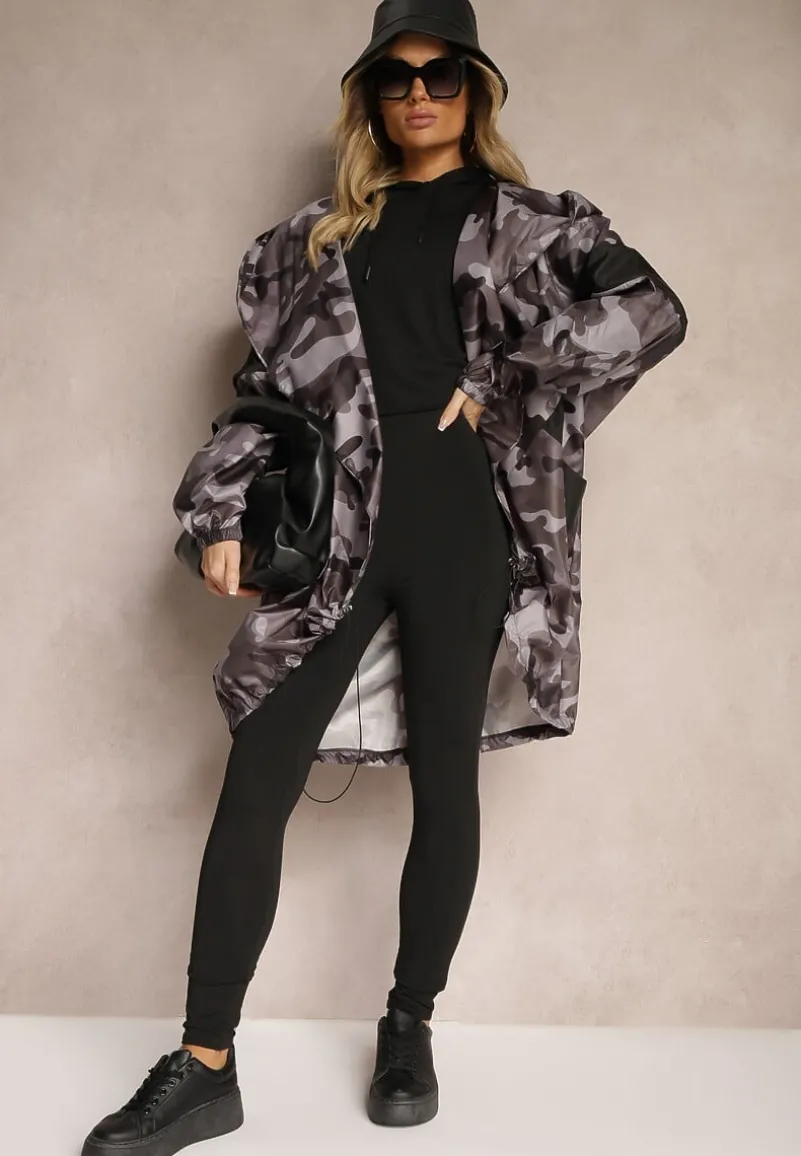 Czarno-Szara Niezapinana Kurtka Wiatrówka z Troczkami i Nieodpinanym Kapturem Irilani