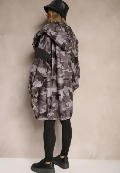 Czarno-Szara Niezapinana Kurtka Wiatrówka z Troczkami i Nieodpinanym Kapturem Irilani