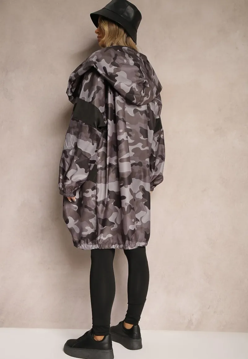 Czarno-Szara Niezapinana Kurtka Wiatrówka z Troczkami i Nieodpinanym Kapturem Irilani