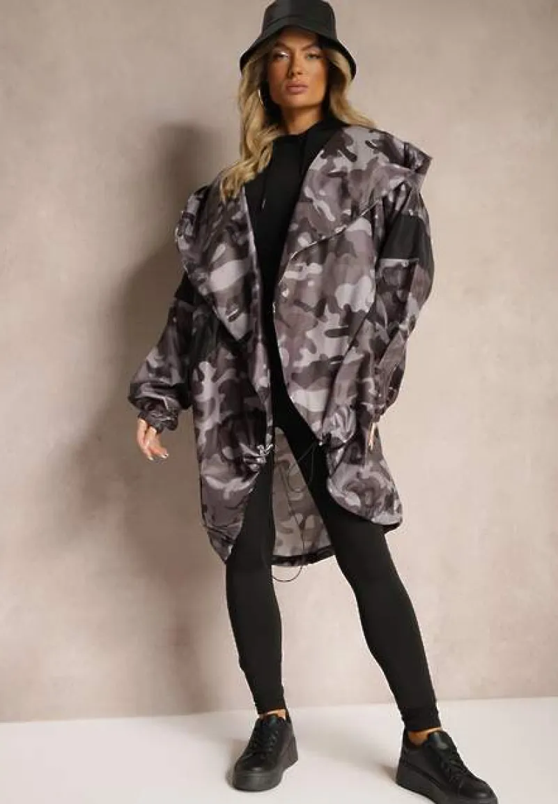 Czarno-Szara Niezapinana Kurtka Wiatrówka z Troczkami i Nieodpinanym Kapturem Irilani