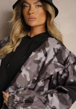 Czarno-Szara Niezapinana Kurtka Wiatrówka z Troczkami i Nieodpinanym Kapturem Irilani