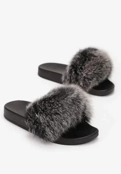 Czarno-Szare Klapki z Futrem Turtlefeather