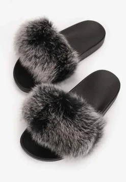 Czarno-Szare Klapki z Futrem Turtlefeather