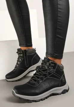 Czarno-Szare Ocieplane Trapery na Płaskiej Podeszwie ze Sznurowaniem i Przeszyciami Temilune