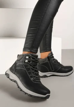 Czarno-Szare Ocieplane Trapery na Płaskiej Podeszwie ze Sznurowaniem i Przeszyciami Temilune