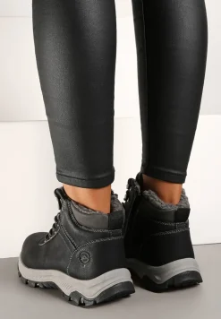 Czarno-Szare Ocieplane Trapery na Płaskiej Podeszwie ze Sznurowaniem i Przeszyciami Temilune