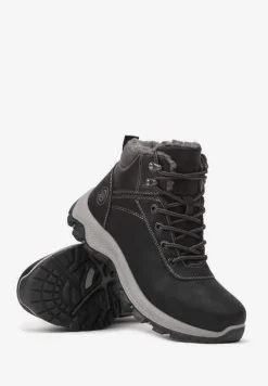 Czarno-Szare Ocieplane Trapery na Płaskiej Podeszwie ze Sznurowaniem i Przeszyciami Temilune