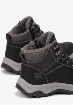 Czarno-Szare Ocieplane Trapery na Płaskiej Podeszwie ze Sznurowaniem i Przeszyciami Temilune