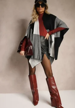 Czarno-Szare Ponczo Narzutka Niezapinana z Domieszką Wełny Verideth