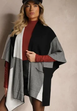 Czarno-Szare Ponczo Narzutka Niezapinana z Domieszką Wełny Verideth
