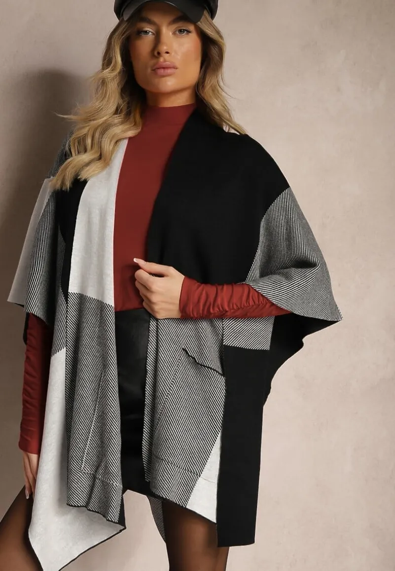 Czarno-Szare Ponczo Narzutka Niezapinana z Domieszką Wełny Verideth