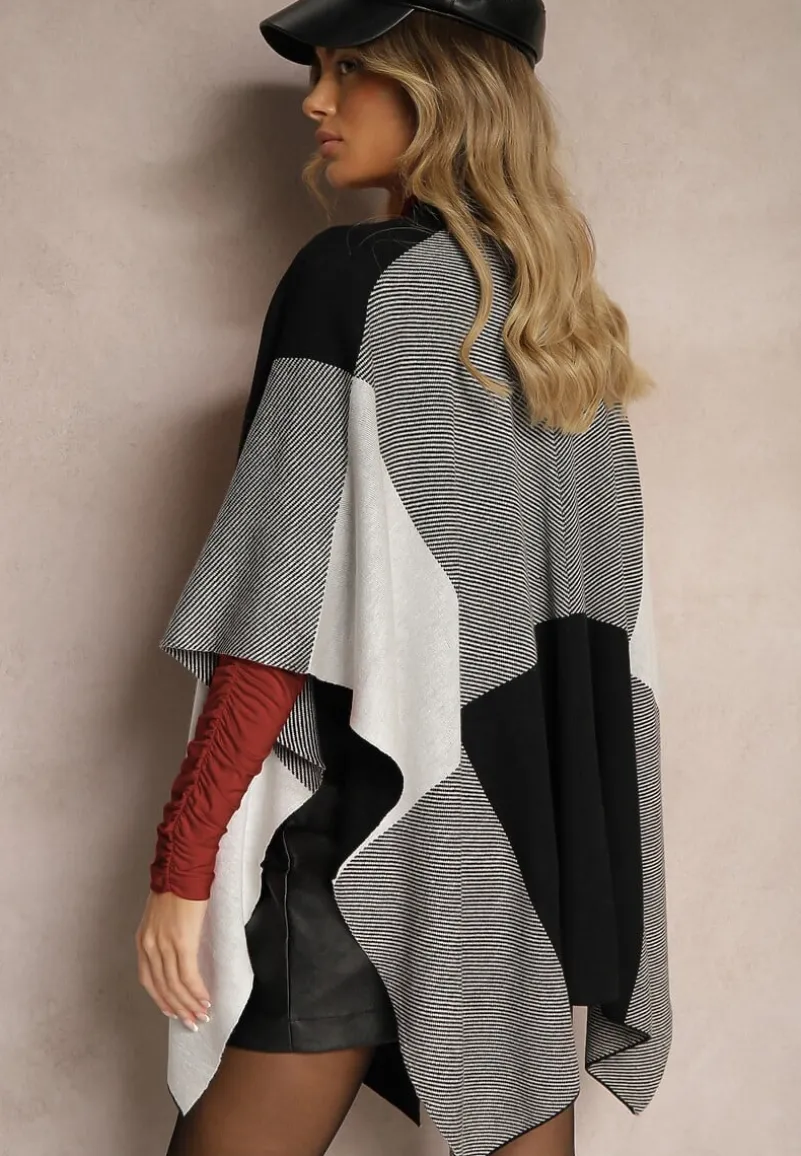 Czarno-Szare Ponczo Narzutka Niezapinana z Domieszką Wełny Verideth