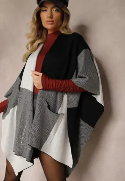 Czarno-Szare Ponczo Narzutka Niezapinana z Domieszką Wełny Verideth