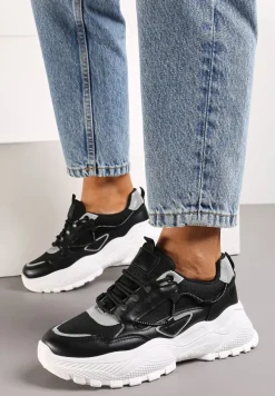 Czarno-Szare Sneakersy na Tłoczonej Podeszwie Zdobione Sznurkiem Wokół Pellesti