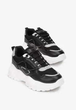 Czarno-Szare Sneakersy na Tłoczonej Podeszwie Zdobione Sznurkiem Wokół Pellesti