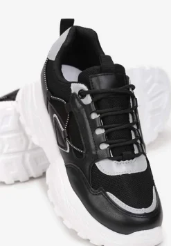 Czarno-Szare Sneakersy na Tłoczonej Podeszwie Zdobione Sznurkiem Wokół Pellesti