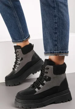 Czarno-Szare Traperki Sznurowane Trapery Janne