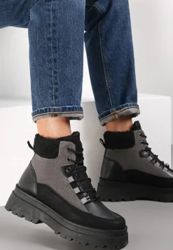 Czarno-Szare Traperki Sznurowane Trapery Janne