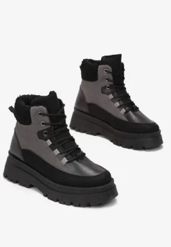Czarno-Szare Traperki Sznurowane Trapery Janne