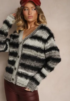 Czarno-Szary Rozpinany Kardigan z Wiskozą i Wełną w Paski Esamara