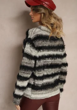 Czarno-Szary Rozpinany Kardigan z Wiskozą i Wełną w Paski Esamara