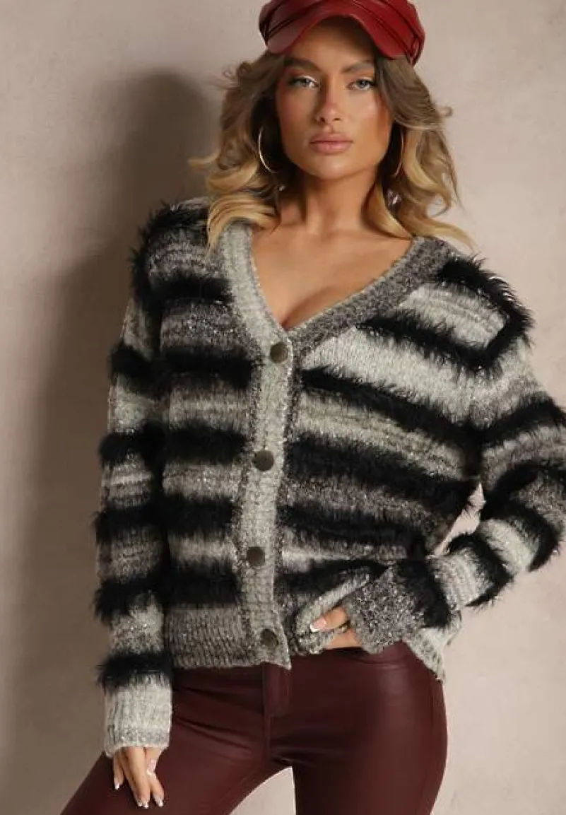 Czarno-Szary Rozpinany Kardigan z Wiskozą i Wełną w Paski Esamara