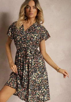 Czarno-Żółta Sukienka z Wiskozy z Kopertowym Dekoltem Wykończona Gumką w Pasie i Sznurkiem Abrolea