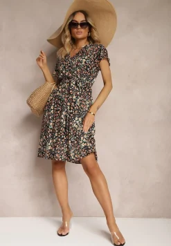 Czarno-Żółta Sukienka z Wiskozy z Kopertowym Dekoltem Wykończona Gumką w Pasie i Sznurkiem Abrolea