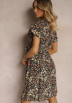 Czarno-Żółta Sukienka z Wiskozy z Kopertowym Dekoltem Wykończona Gumką w Pasie i Sznurkiem Abrolea