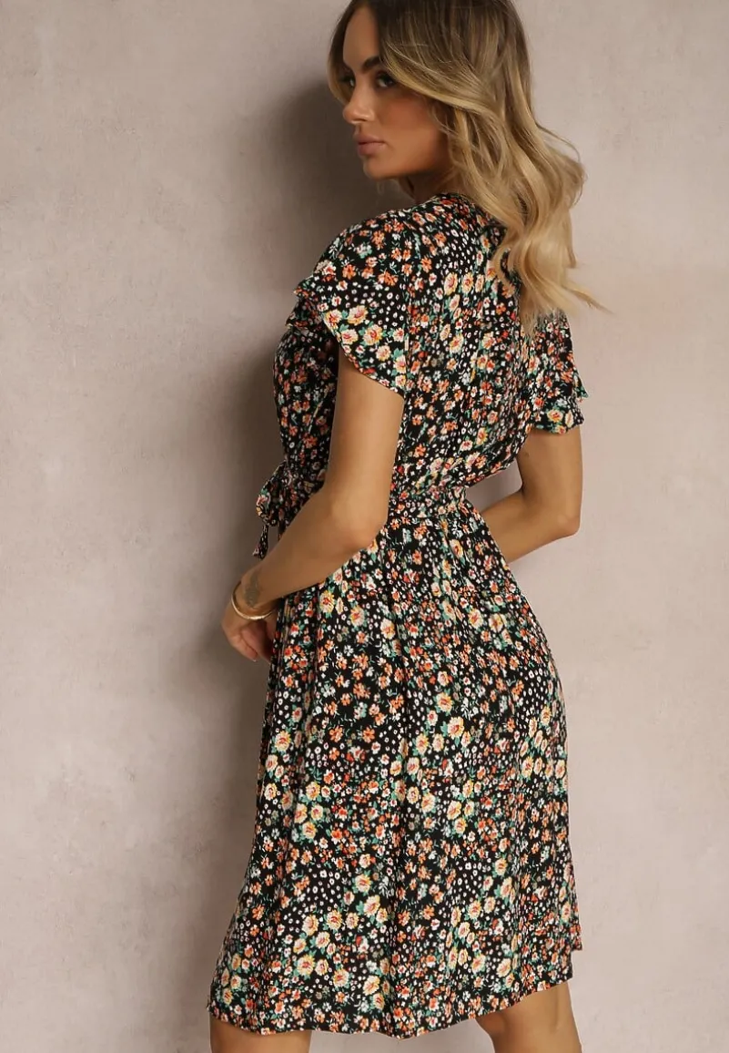 Czarno-Żółta Sukienka z Wiskozy z Kopertowym Dekoltem Wykończona Gumką w Pasie i Sznurkiem Abrolea