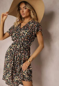 Czarno-Żółta Sukienka z Wiskozy z Kopertowym Dekoltem Wykończona Gumką w Pasie i Sznurkiem Abrolea