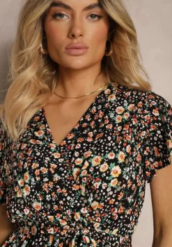 Czarno-Żółta Sukienka z Wiskozy z Kopertowym Dekoltem Wykończona Gumką w Pasie i Sznurkiem Abrolea