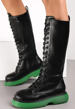 Czarno-Zielone Kozaki Sznurowane na Grubej Podeszwie Zolmi