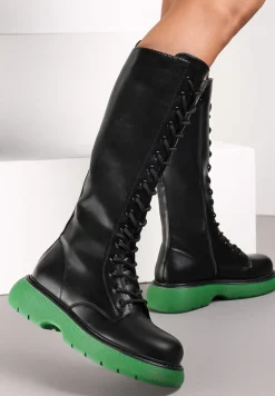 Czarno-Zielone Kozaki Sznurowane na Grubej Podeszwie Zolmi