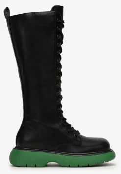 Czarno-Zielone Kozaki Sznurowane na Grubej Podeszwie Zolmi