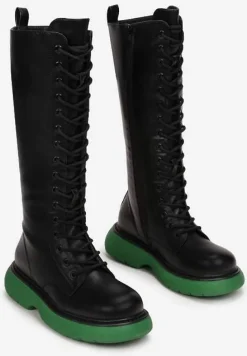 Czarno-Zielone Kozaki Sznurowane na Grubej Podeszwie Zolmi