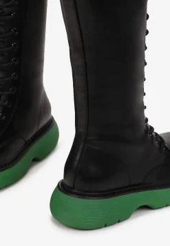 Czarno-Zielone Kozaki Sznurowane na Grubej Podeszwie Zolmi