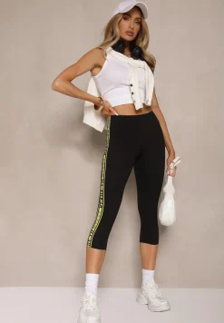 Czarno-Zielone Legginsy Capri z Bawełny z Ozdobnym Lampasem Pasenia
