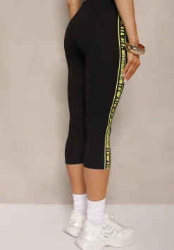 Czarno-Zielone Legginsy Capri z Bawełny z Ozdobnym Lampasem Pasenia