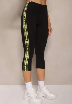 Czarno-Zielone Legginsy Capri z Bawełny z Ozdobnym Lampasem Pasenia