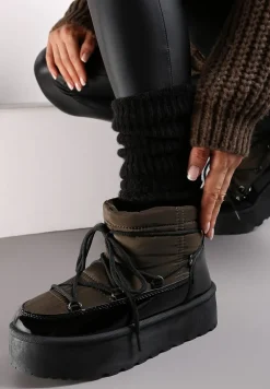 Czarno-Zielone Śniegowce na Platformie z Ozdobnym Wiązaniem Maidares