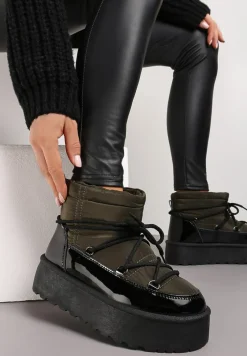 Czarno-Zielone Śniegowce na Platformie z Ozdobnym Wiązaniem Maidares