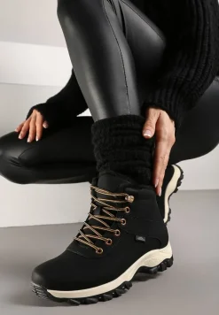 Czarno-Złote Płaskie Ocieplane Trapery ze Sznurowaniem Riviri