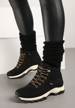 Czarno-Złote Płaskie Ocieplane Trapery ze Sznurowaniem Riviri