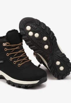 Czarno-Złote Płaskie Ocieplane Trapery ze Sznurowaniem Riviri